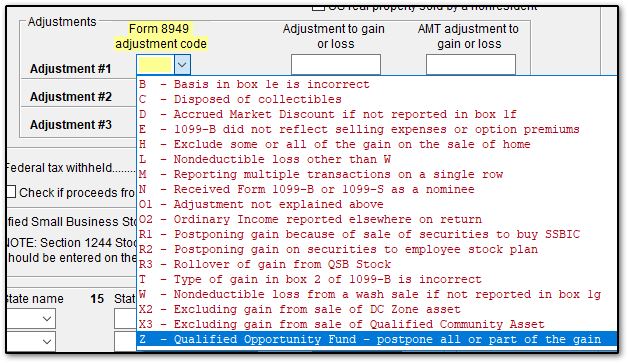 Image of Form 8949 adjustment codes on screen 8949